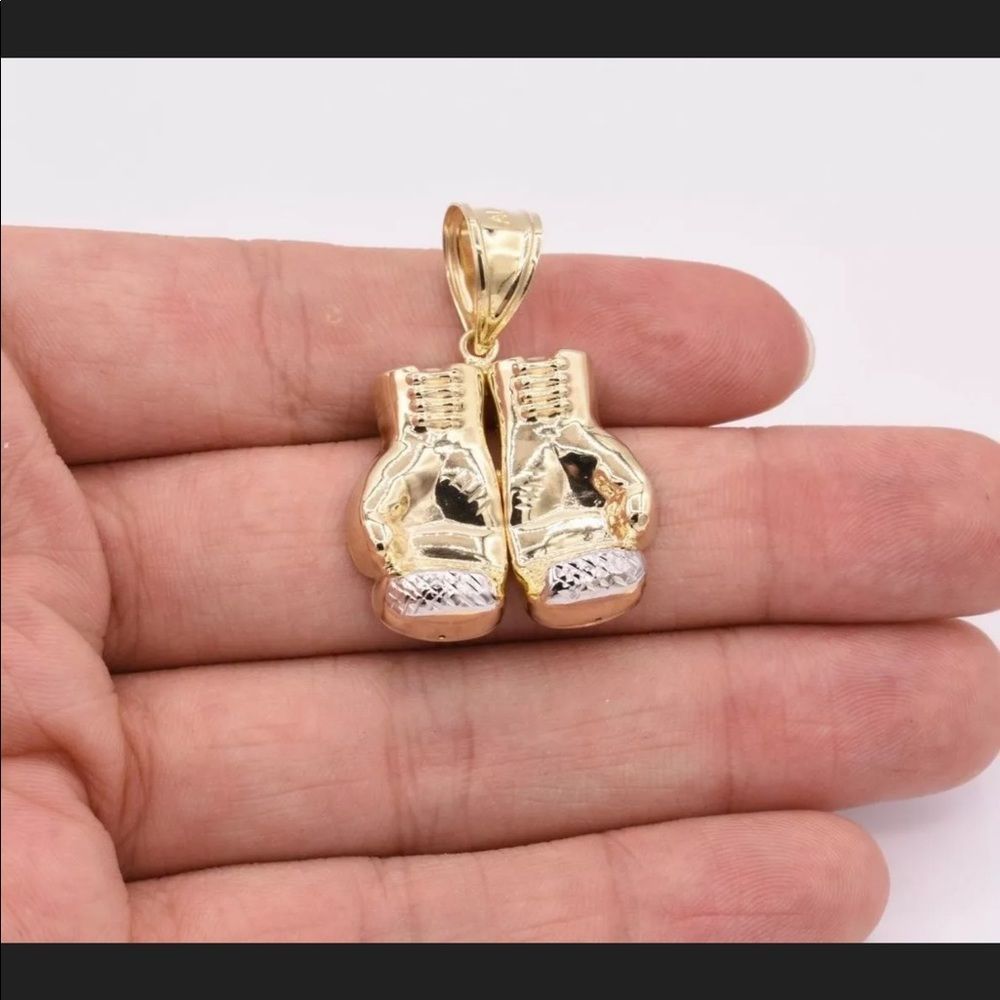 Double Boxing Glove Pendant Charm Diamond Cut Real 10K Yellow White Gold